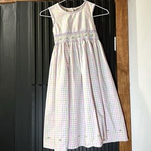Laura Ashley Girls Sz 7 pastel check, self belt, back buttons hem embroidery